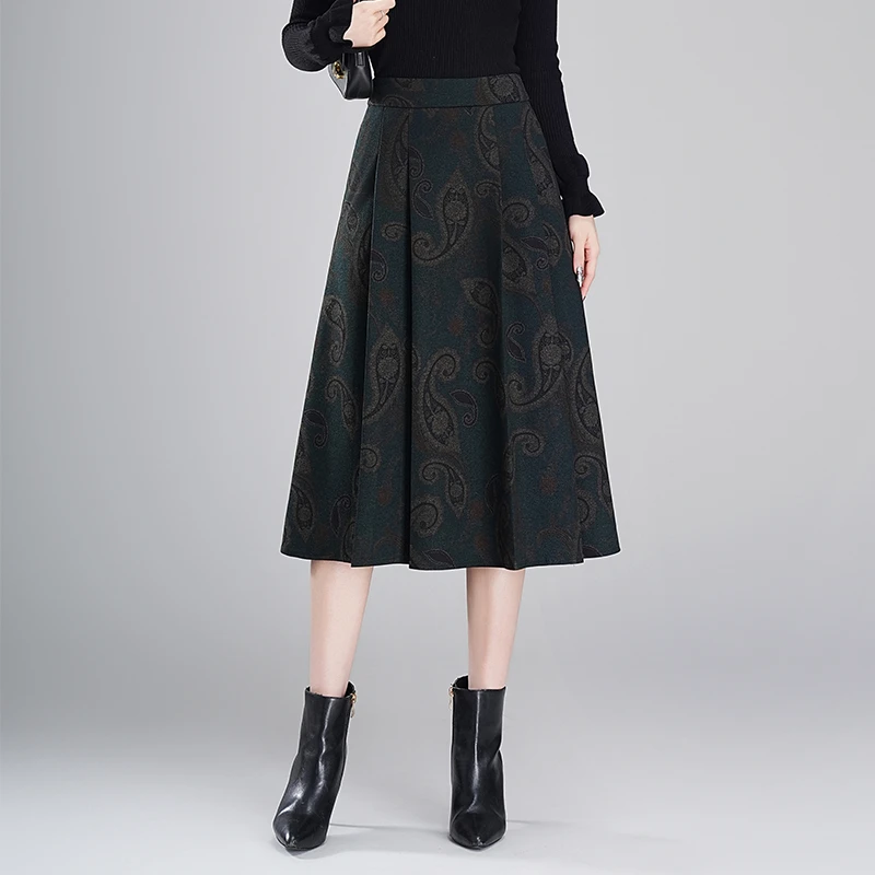 印花半身裙2024秋冬款妈妈毛呢a字百褶裙时尚洋气高腰显瘦长裙女