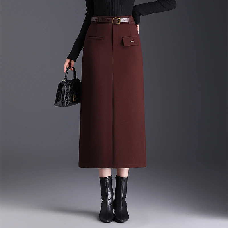 显瘦包裙半身裙冬季休闲直筒长裙女大码胖mm开叉毛呢包臀裙子