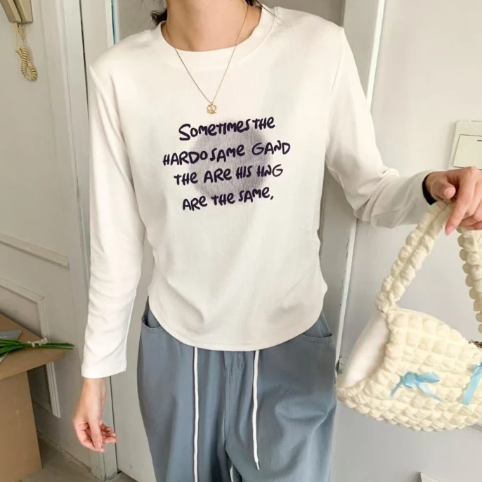 秋款螺纹棉小版衫针织弹力女显瘦长袖百搭圆领套头按图案颜色选