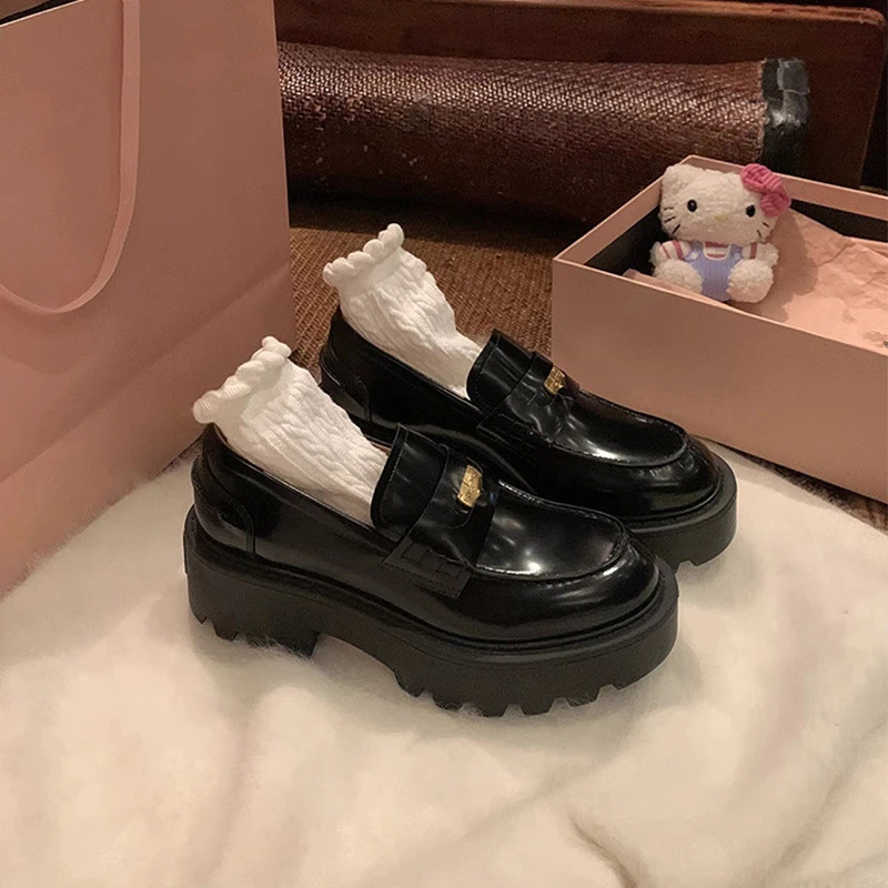 牛皮版~贵气小金币圆头皮鞋粗跟厚底单鞋一脚蹬乐福鞋女黑色百搭