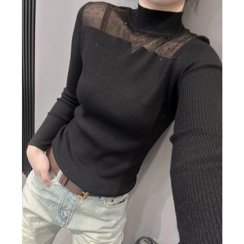 性感镂空蕾丝长袖女秋冬款欧货修身内搭半高领毛衣打底针织衫上衣