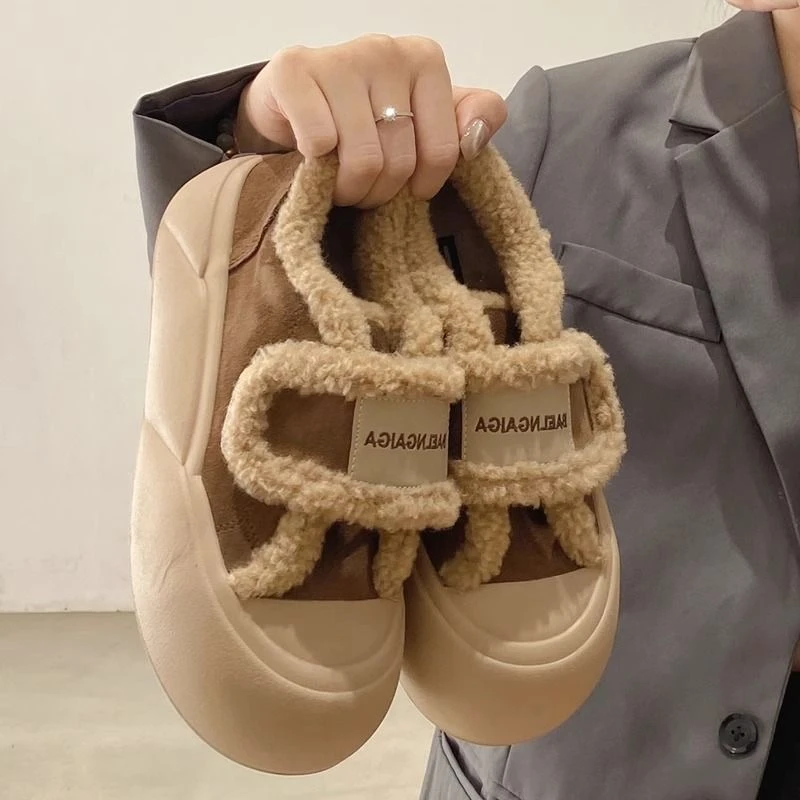 松糕底魔术贴加棉女鞋网红时尚休闲百搭外穿厚底秋冬毛毛鞋