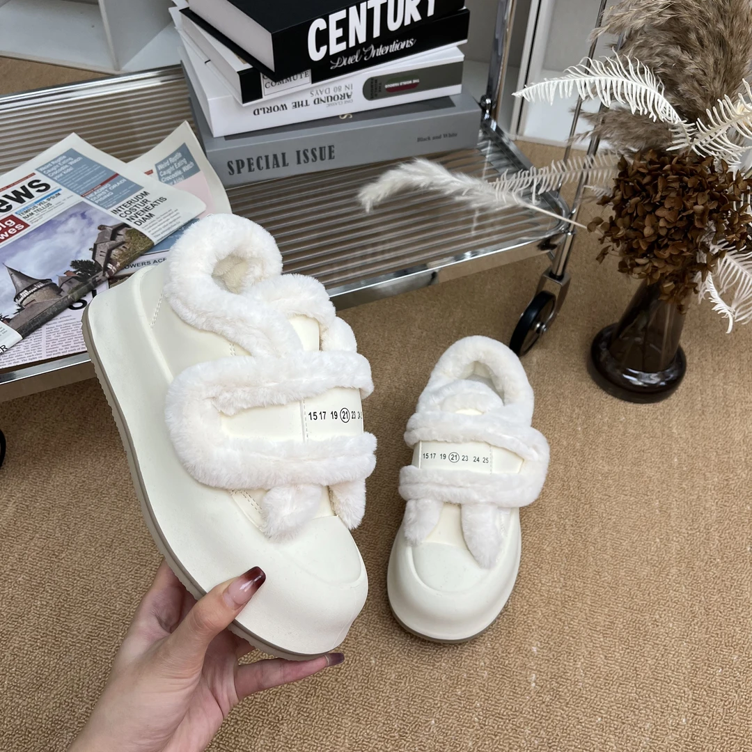 厚底板鞋女秋冬季运动鞋加绒加厚棉鞋白色魔术贴小白鞋增高面包鞋