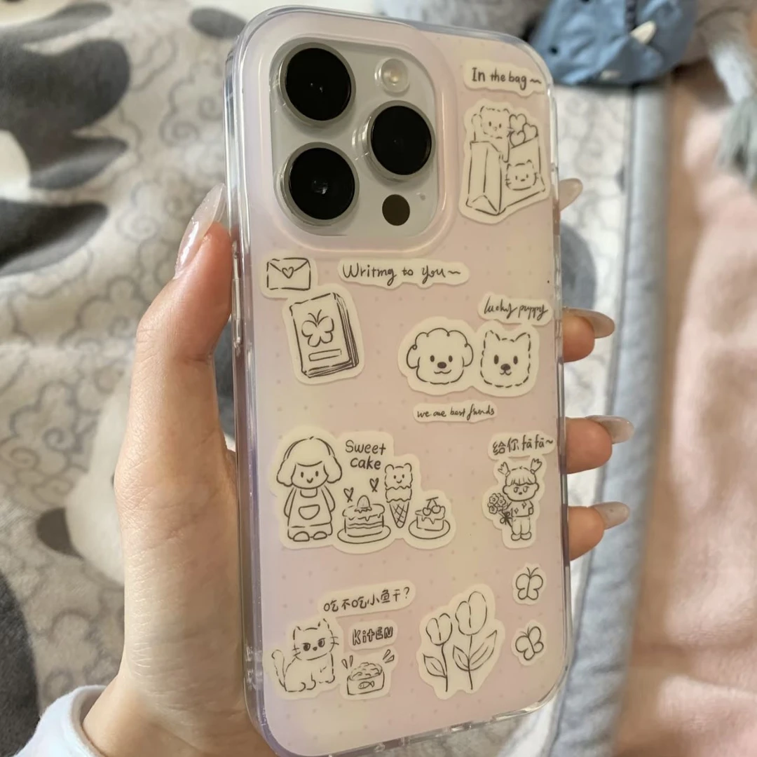 线条猫咪狗狗插画适用苹果16promax手机壳iPhone15新款14小众13女