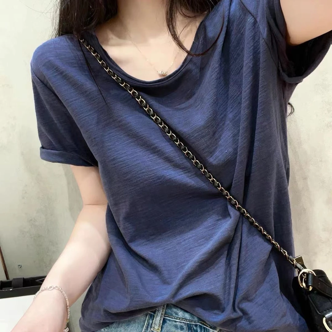 竹节棉卷边短袖t恤女新款夏季纯色宽松休闲圆领体恤百搭简约上衣