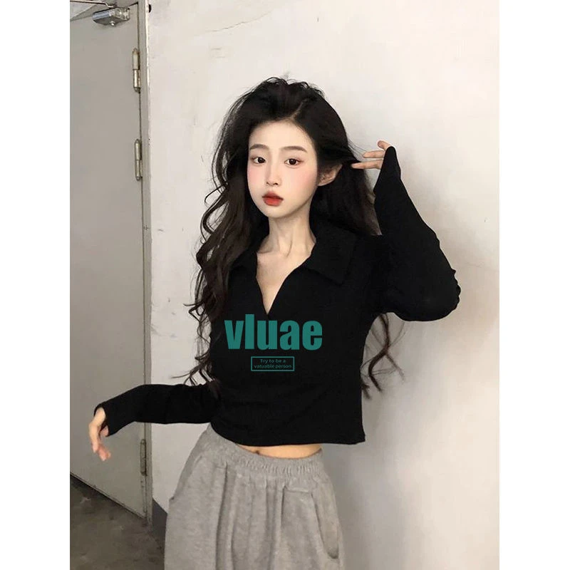 polo领纯欲风短款长袖T恤女装秋季辣妹设计感修身黑色打底衫上衣