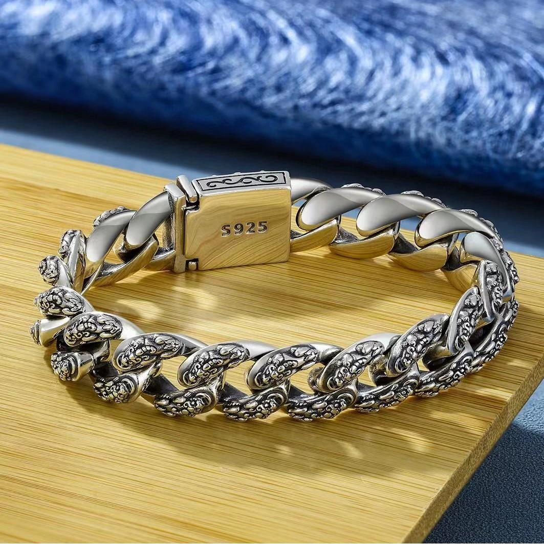 925银手链 925纯银手链男款纯银霸气复古做旧貔貅高级感潮男重工