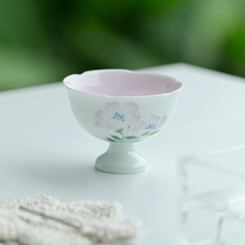 手绘海棠花高足花口茶杯主人杯品茗杯