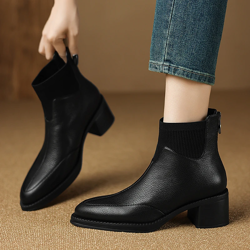 5公分软羊皮短靴女秋冬后拉链厚底切尔西靴真皮英伦风粗跟马丁靴