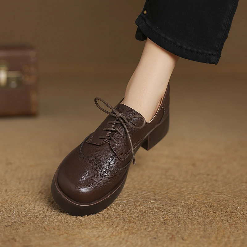 4.5公分英伦风厚底防水台小皮鞋女真皮新款春季中跟系带百撘单鞋