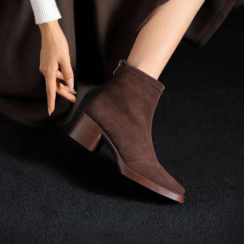 5公分牛翻皮厚底粗跟短靴女2024秋季新款磨砂皮加绒大码圆头裸靴