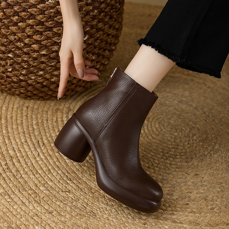 7公分增高厚底软底短靴女小个子新款真皮粗跟高跟瘦瘦靴马丁靴