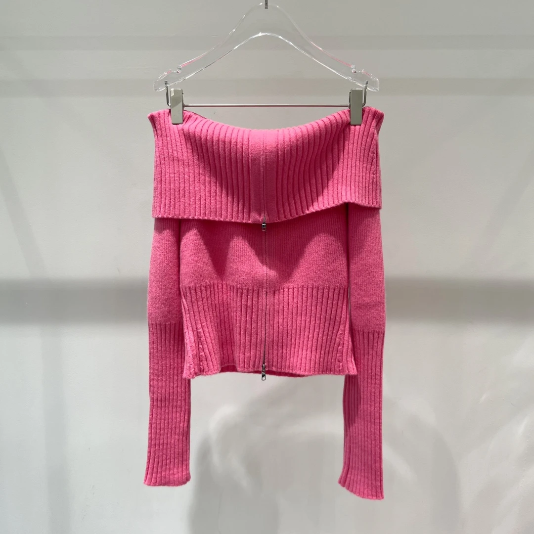 秋季艾家同款时尚双拉链大翻领针织开衫甜辣蜜桃粉一字领上衣8073
