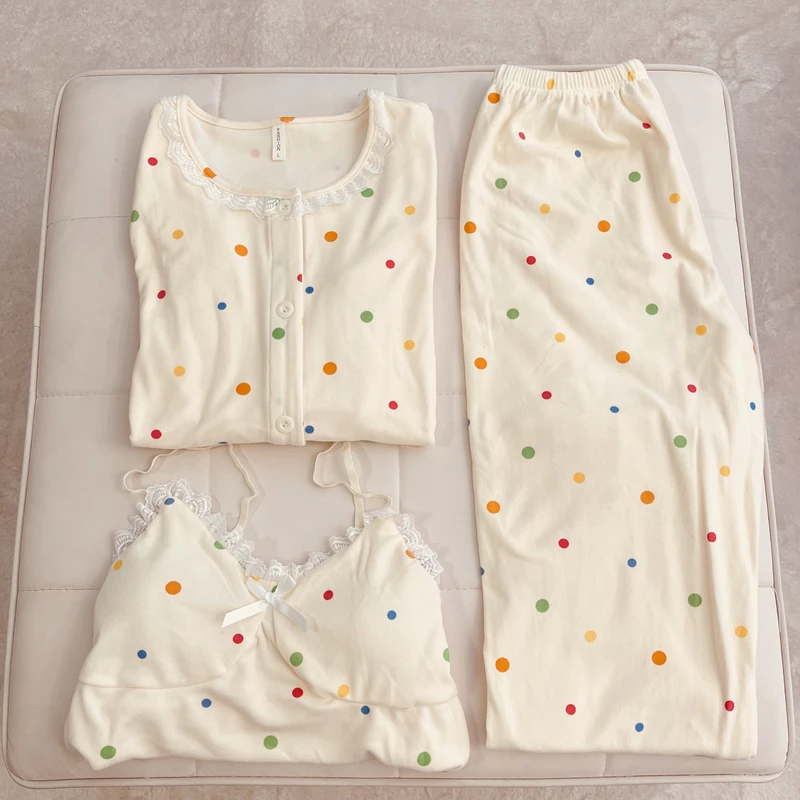 高级感牛奶绒三件套睡衣女士秋冬新款圆点长袖吊带保暖纯欲家居服