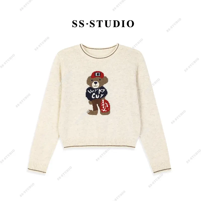 【SUSU】秋冬卡通熊提花设计感时尚休闲圆领套头毛衣SS-3176