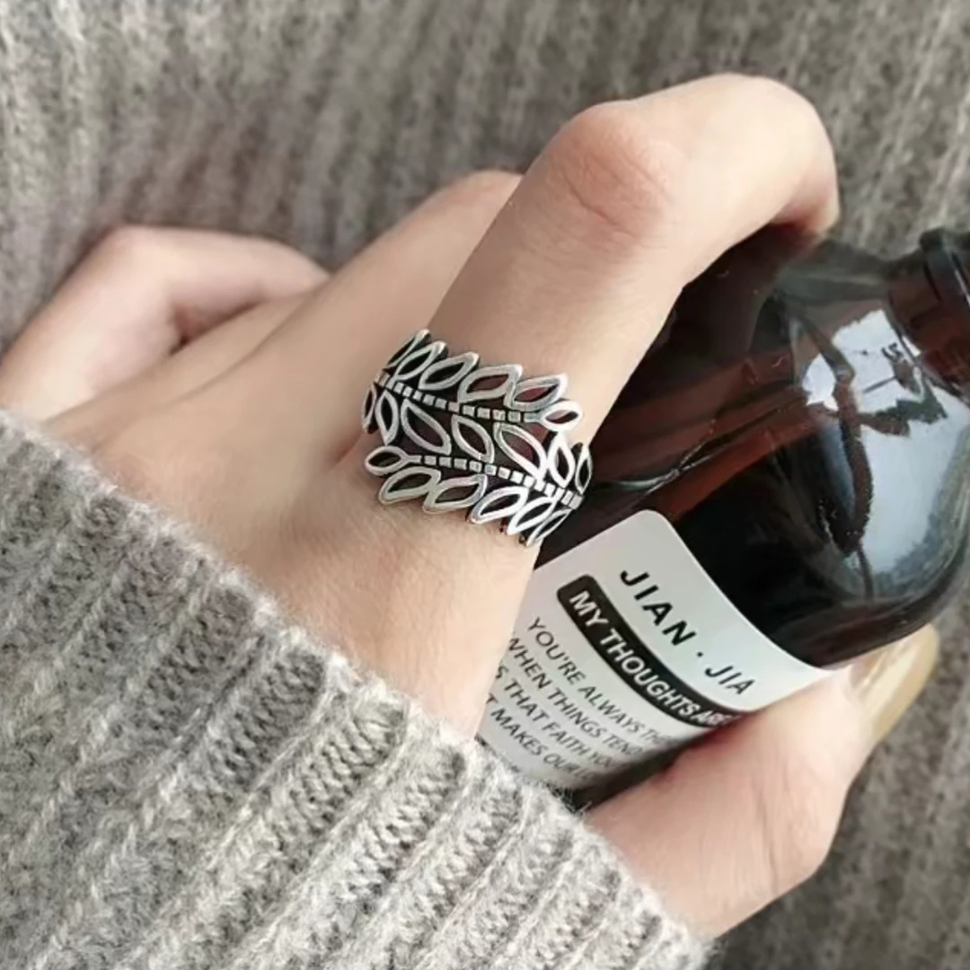 925银戒指 个性韩版缠绕镂空树叶戒指