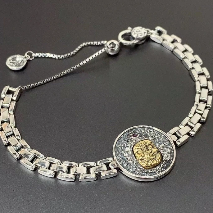 925银手链 重工表带黄财神爷手链21cm