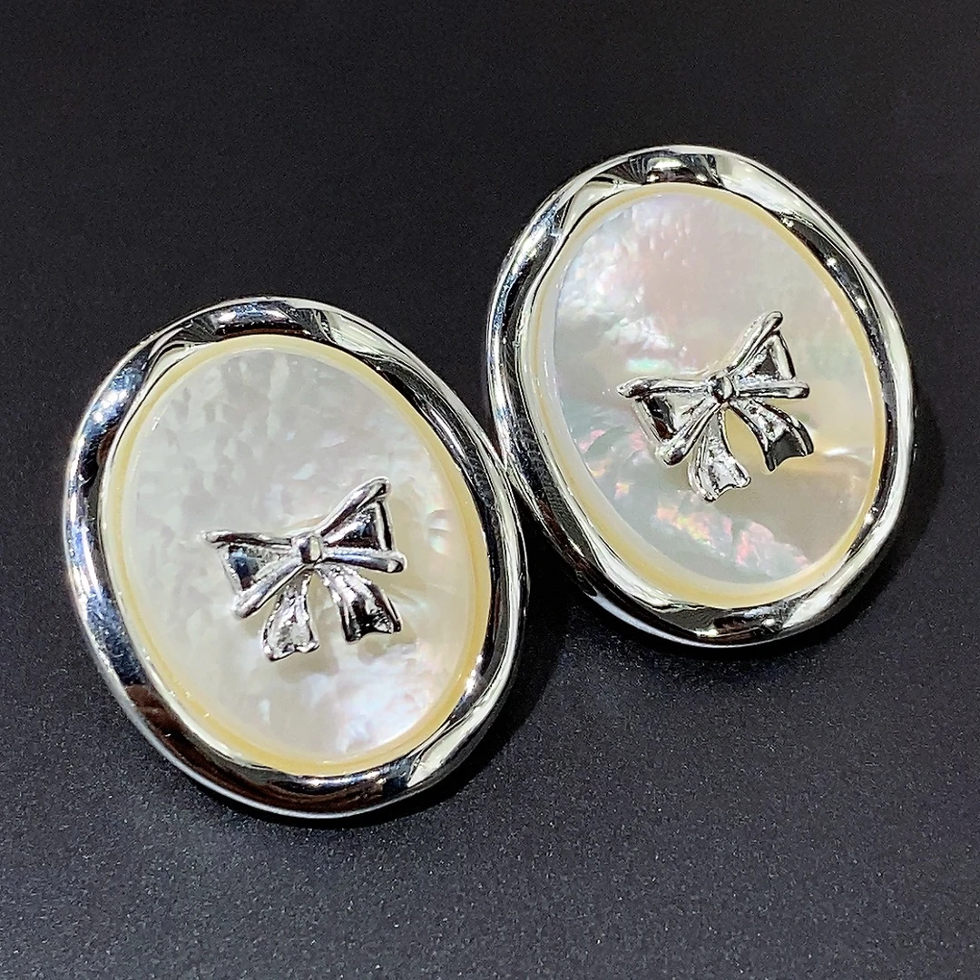 925银耳饰 韩版蝴蝶结椭圆贝壳耳钉