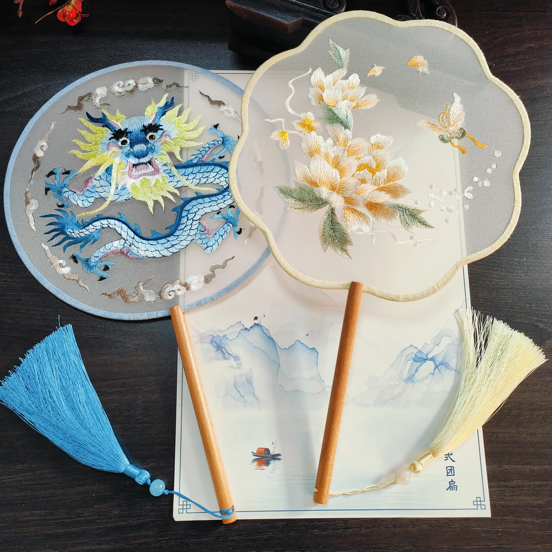 双面绣花团扇长柄宫廷扇汉服女舞蹈扇中国风刺绣摄影圆形夏天扇子