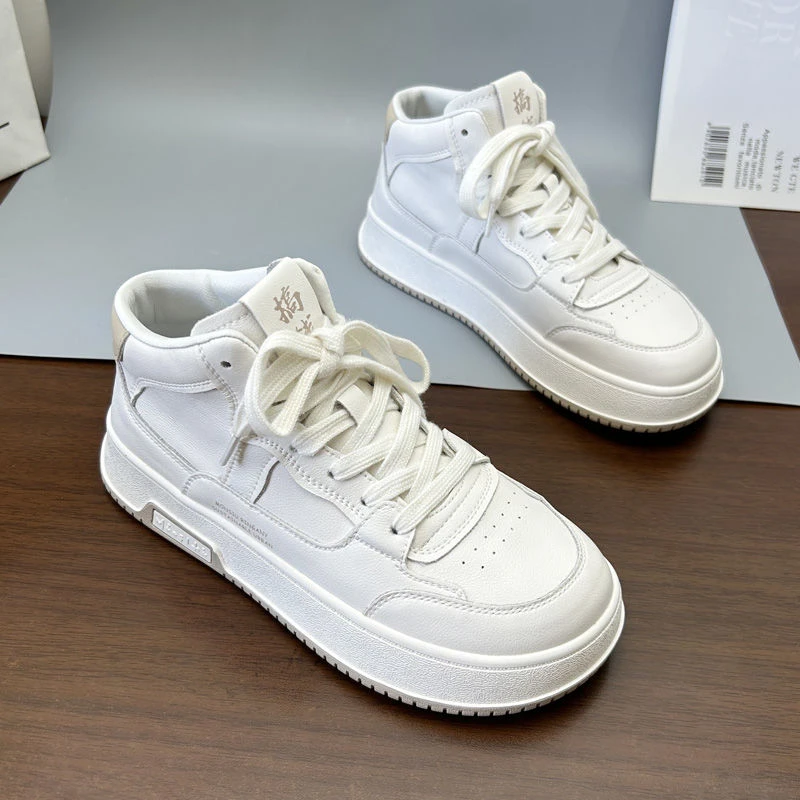 真皮小白鞋女高帮单鞋2023秋季韩版圆头透气休闲鞋女运动牛皮板鞋