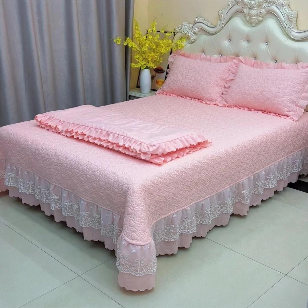 纯色泡芙棉公主风蕾丝花边床盖罩床四件套床上用品防滑床盖三件套