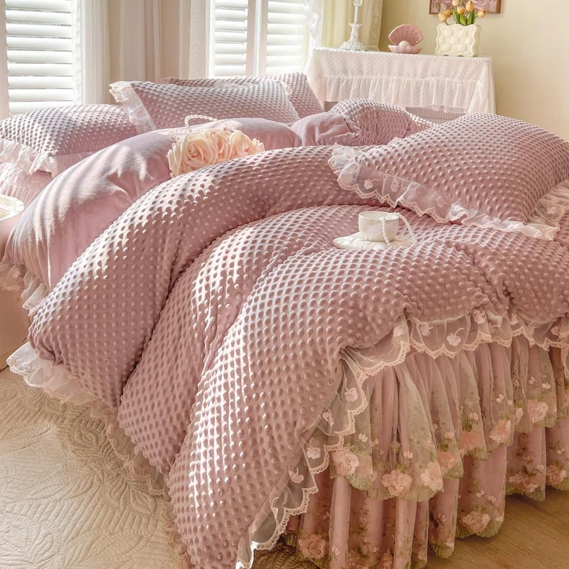 韩版蕾丝公主风牛奶绒床裙床笠四件套夹棉加厚保暖床罩豆豆绒被套