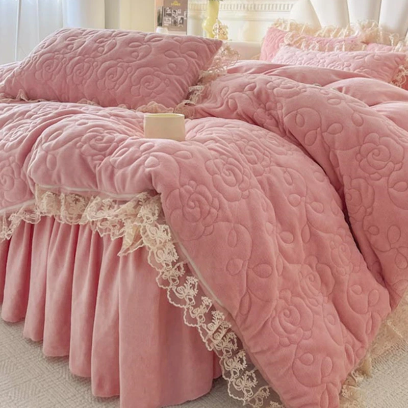 韩式公主风超厚全夹棉牛奶绒床裙式床笠四件套冬季超柔绒床罩被套