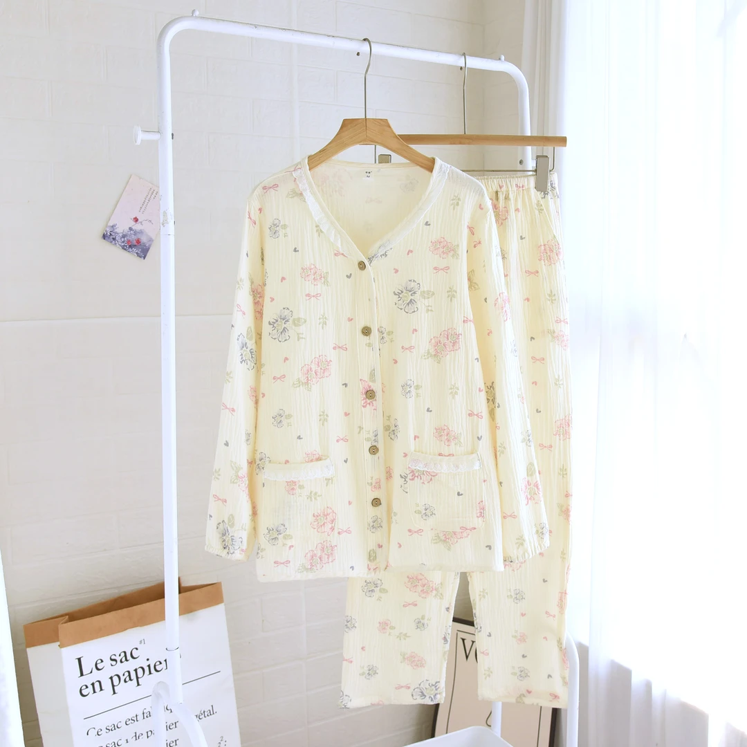 不止玫瑰款两件套棉纱透气双层纱家居睡衣纯棉家居全棉印花