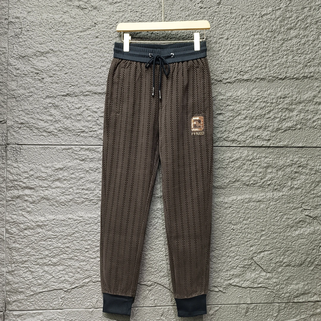 馨文欧品男装秋冬款植绒小格花字母刺绣松紧腰束脚休闲裤男士长库