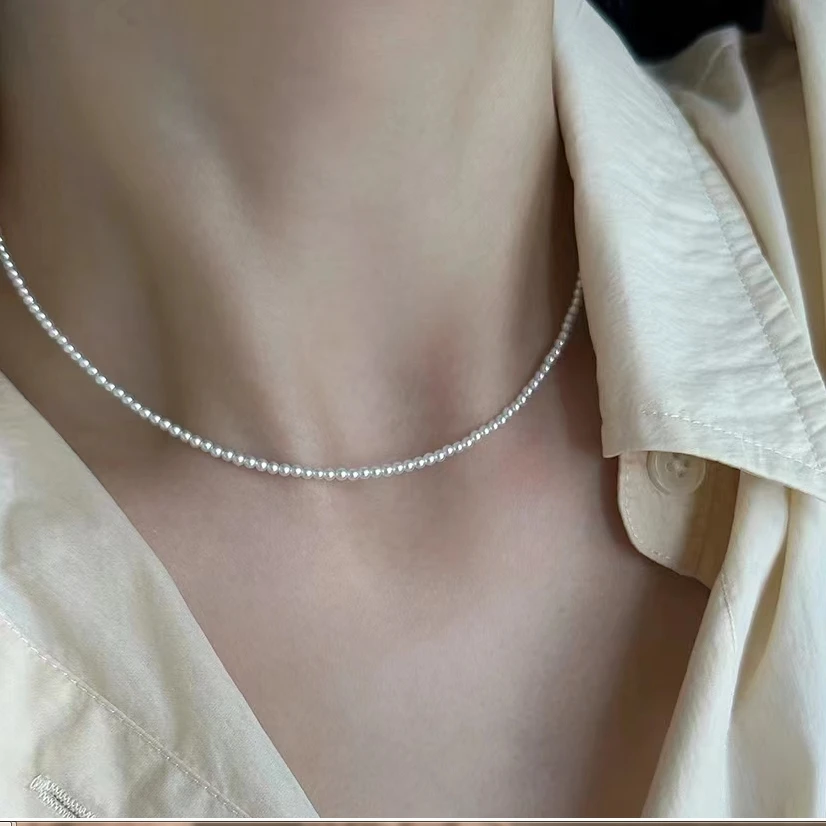 链子925银 S925纯银小米贝珠细款3-4mm项链+S999纯银耳钉吊坠抽拉