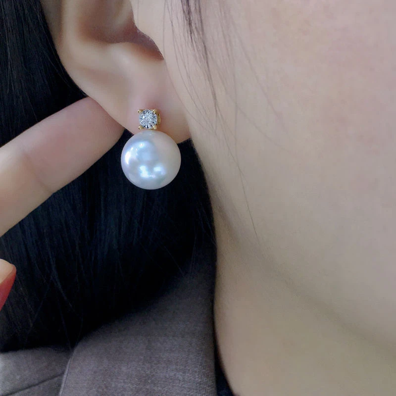 925银耳饰 925银耳饰戴妃同款暖白珠耳钉女强光正圆防过敏闪钻