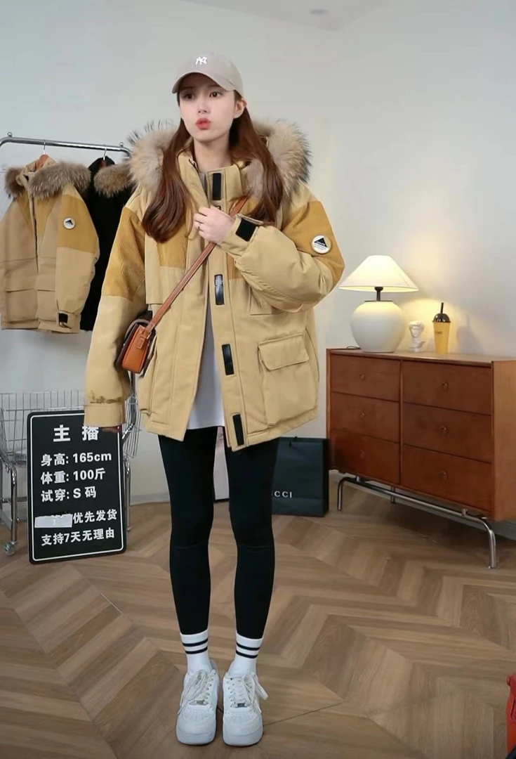 国标新款工装韩版灯芯绒加厚保暖派克服真毛领欧若风