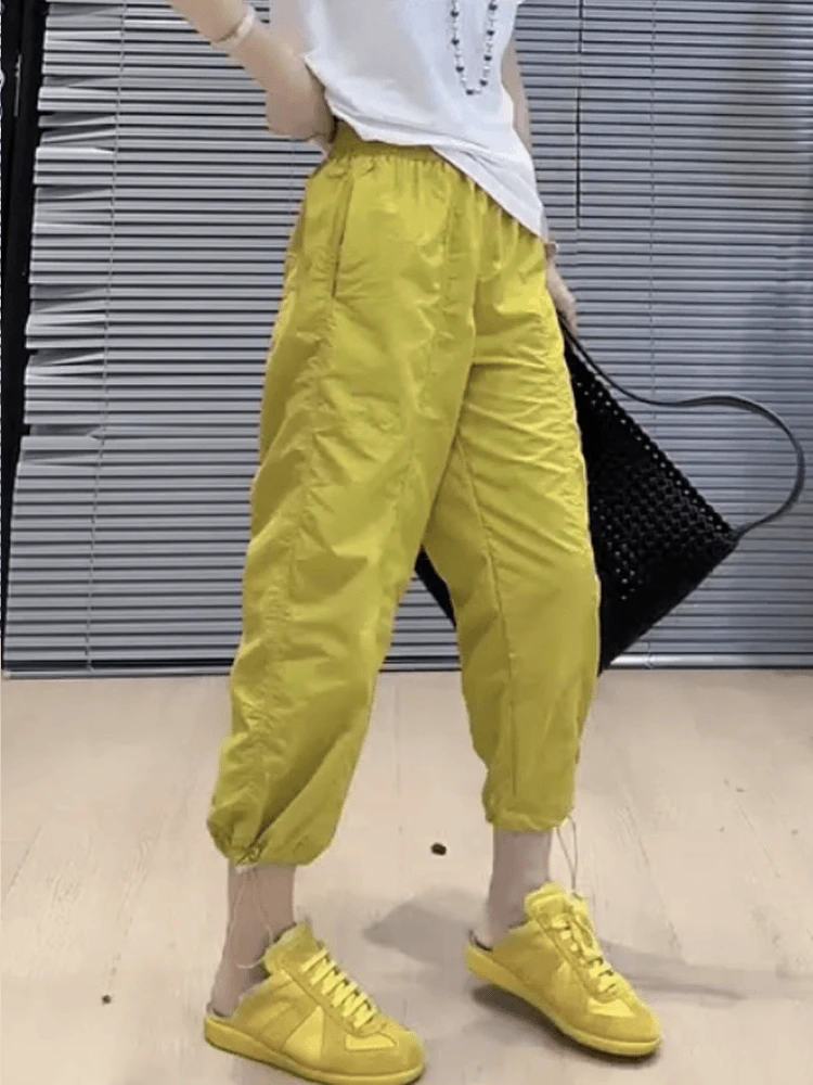 2024夏季薄款复古褶皱感休闲工装裤百搭时尚显瘦八分束脚裤