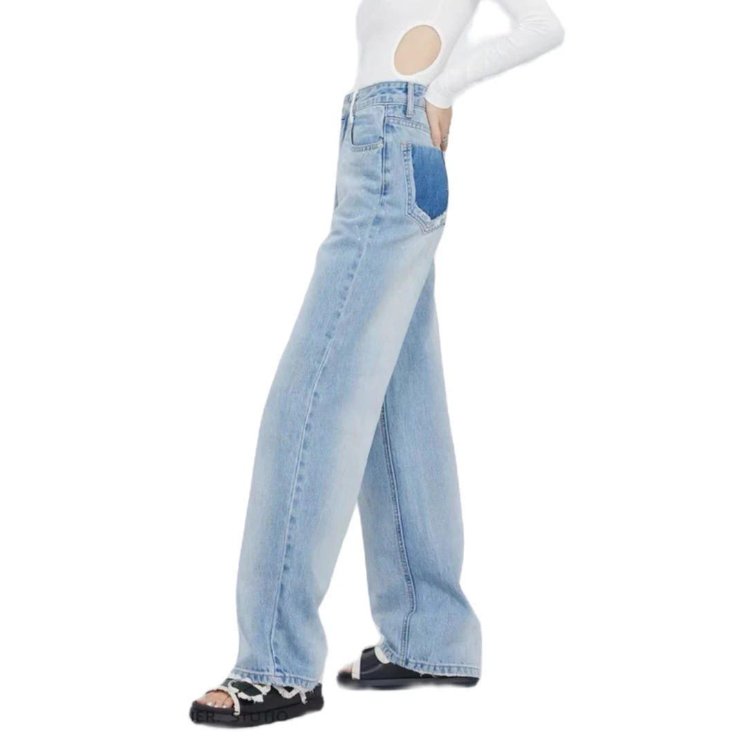 A-14【耐】蓝色高腰阔腿牛仔裤春夏新款垂感直筒拖地裤