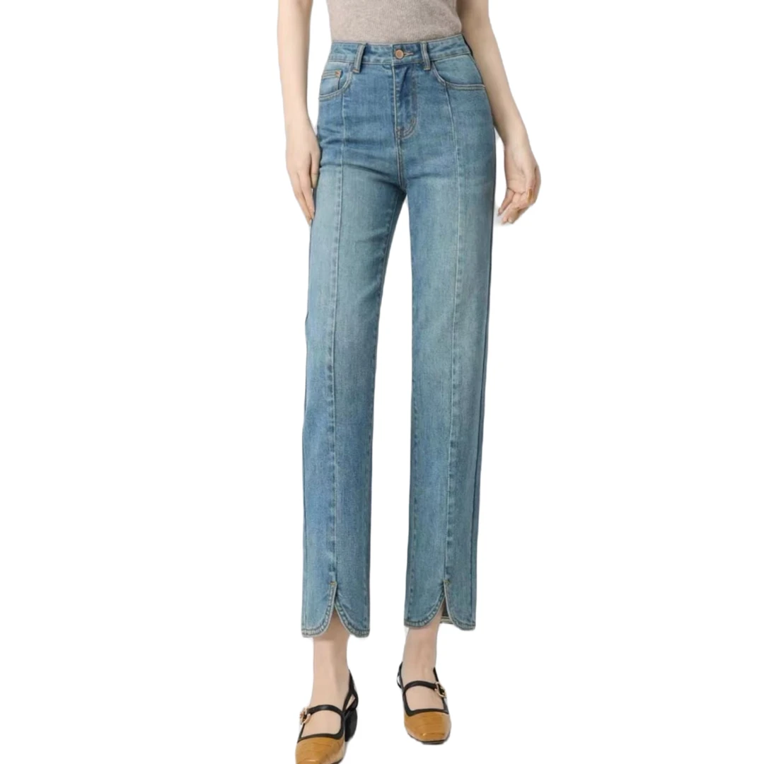 A-02【樱】开叉直筒牛仔裤女高腰早春新款宽松小个子九分烟管裤