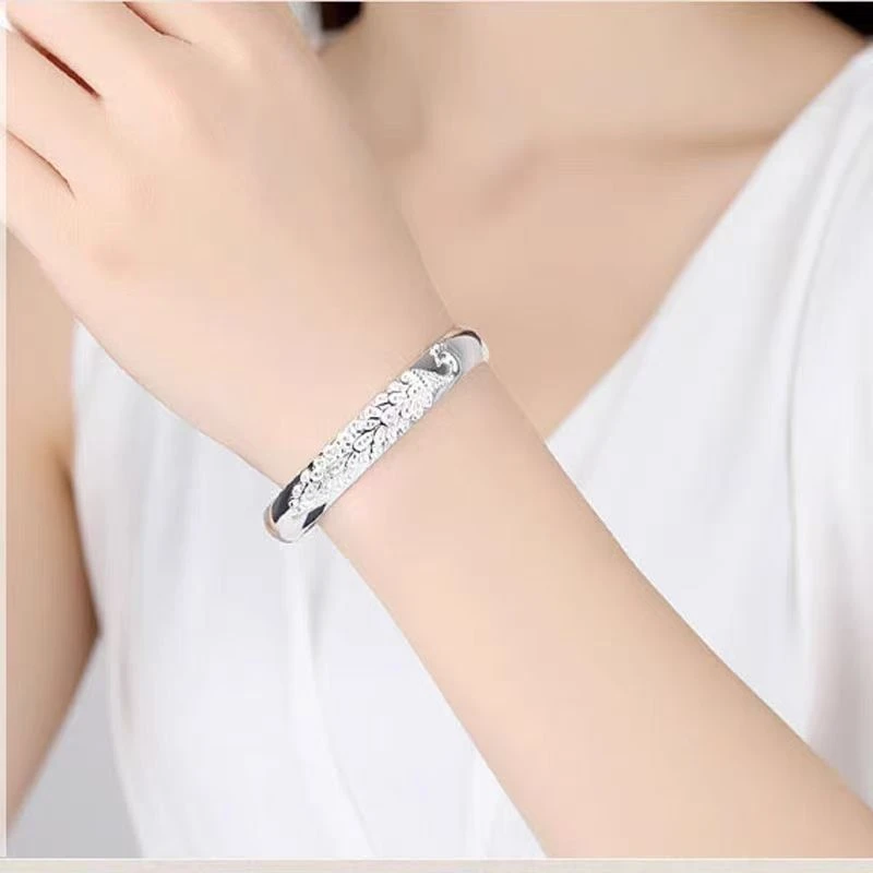 足银手镯 999开口孔雀花开银手镯克重21g