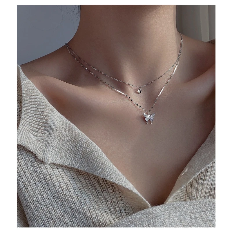 钛钢铅玻璃项链 2023新款双层蝴蝶轻奢叠戴超仙精致闪钻钛钢项链w