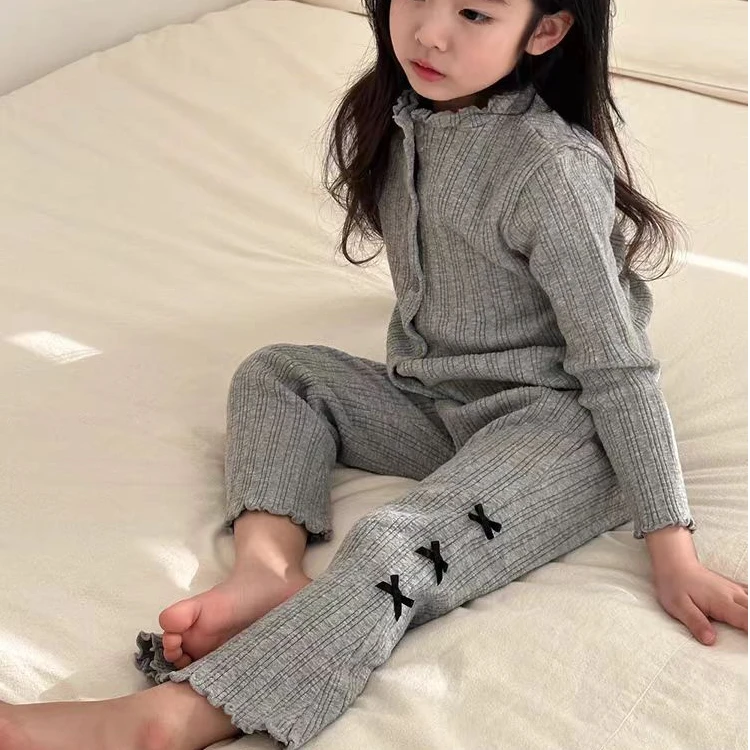 女童韩版2024新款蝴蝶结套装中大童开衫长袖+喇叭裤套春秋款套装