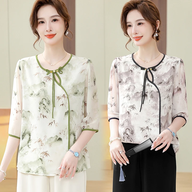 母亲节新中式中年妈妈夏装短袖t恤雪纺小衫中老年碎花国风小衫女