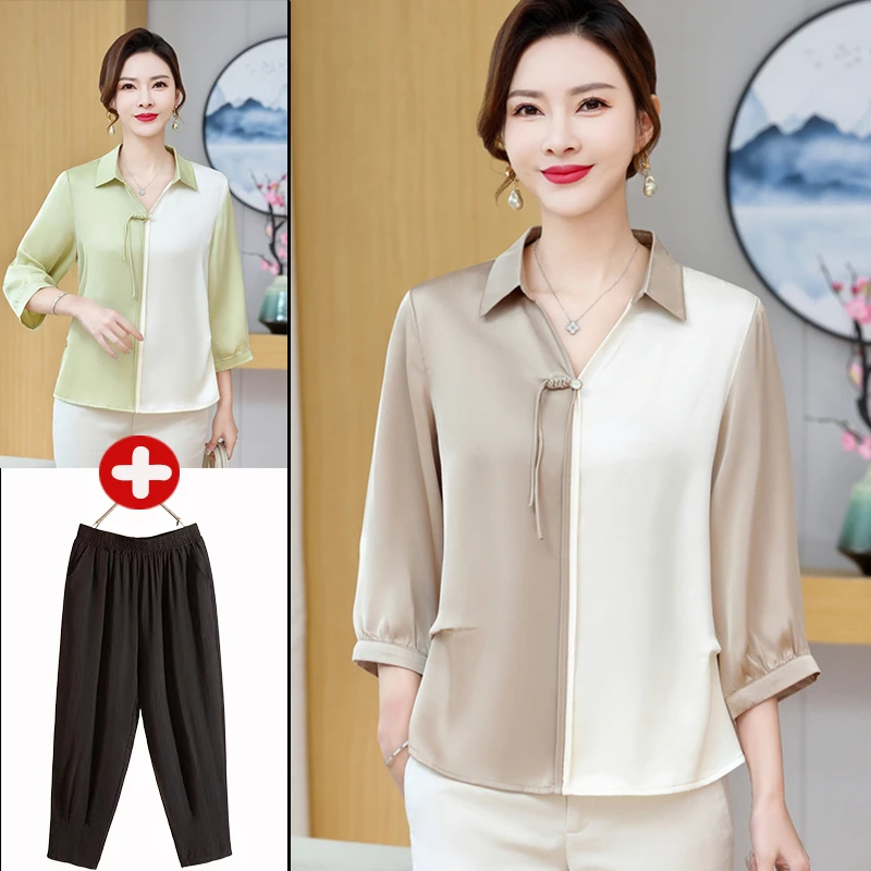 妈妈洋气印花半袖衬衫中年女春装新款雪纺衬衣中老年夏装薄款上衣