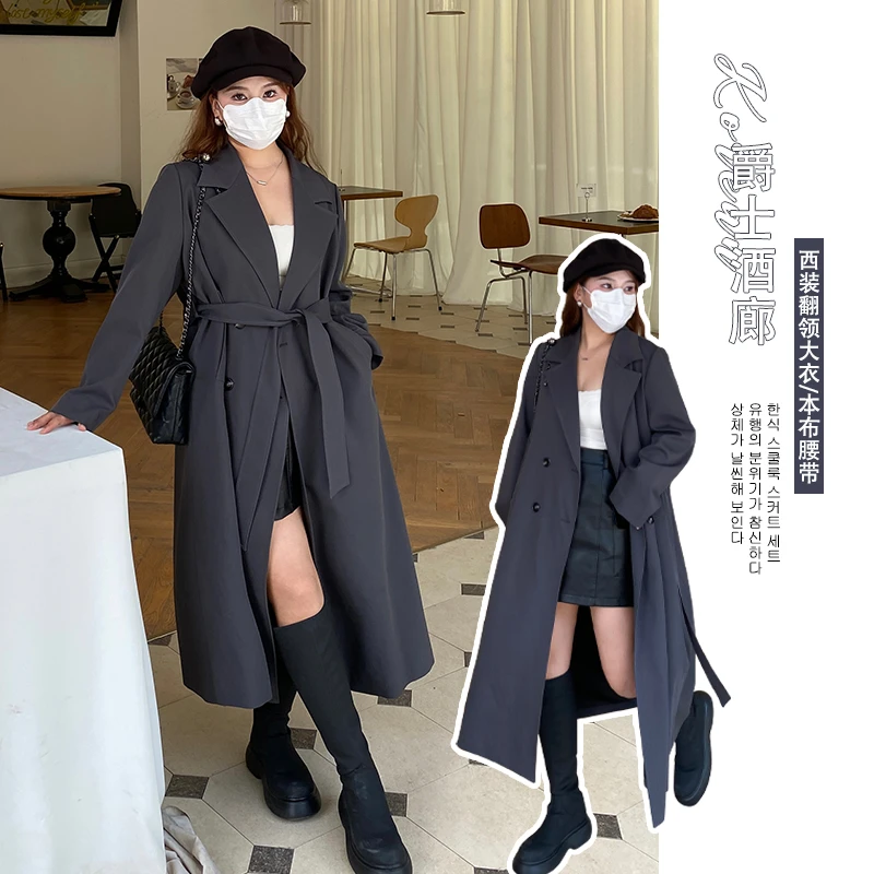 宝莉日志2024春季新款微胖大码中长款风衣外套字母刺绣收腰大衣女