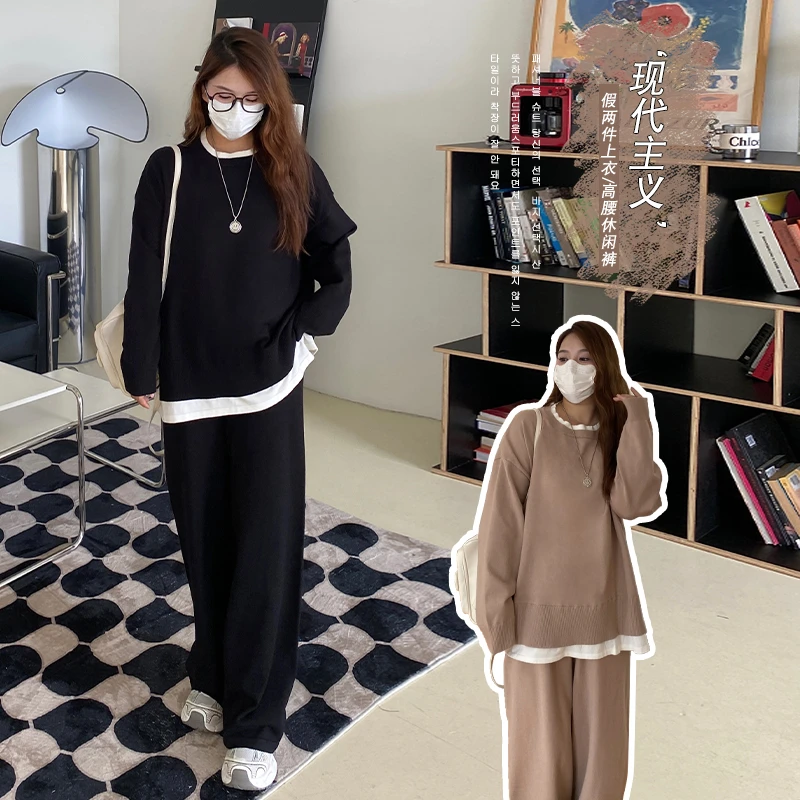 宝莉日志泥美秋季新款针织圆领上衣阔腿裤时尚套装微胖大码女装