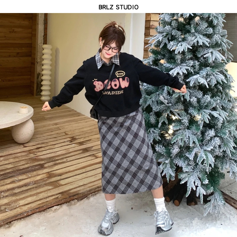 宝莉日志泥美冬季新款POLO领加绒卫衣半身裙时尚套装微胖大码女装