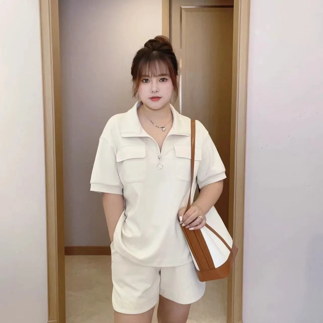 2023夏季新款微胖大码显瘦女装polo领短袖上衣短裤时尚休闲两件套
