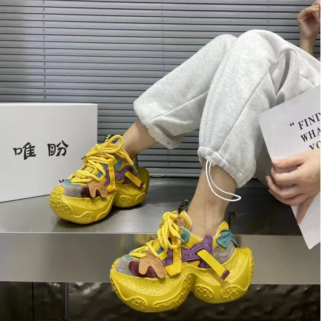 韩国2025春季新款厚底老爹鞋女韩版时尚增高纯皮加绒休闲运动鞋