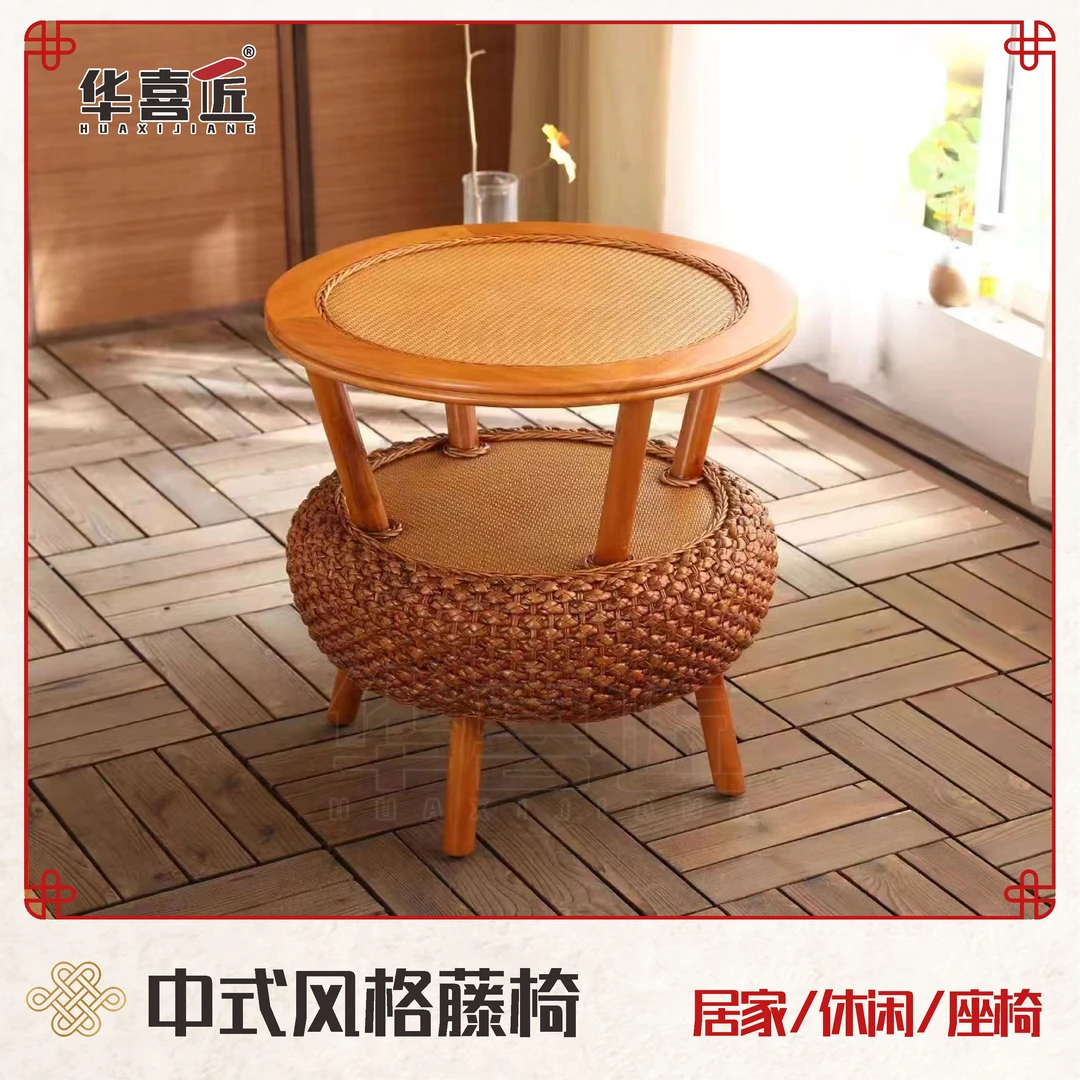 XS025实木框架升级款真藤桌子水仙藤编手工加固加粗藤桌