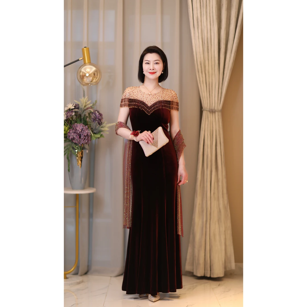 妈妈婚宴礼服新款高端金丝绒长款连衣裙洋气婆婆喜服连衣裙9018