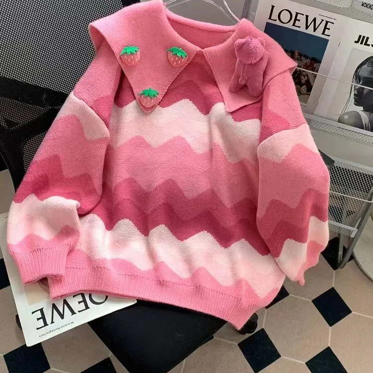 KJ慵懒风可爱甜美草莓熊套头针织毛衣