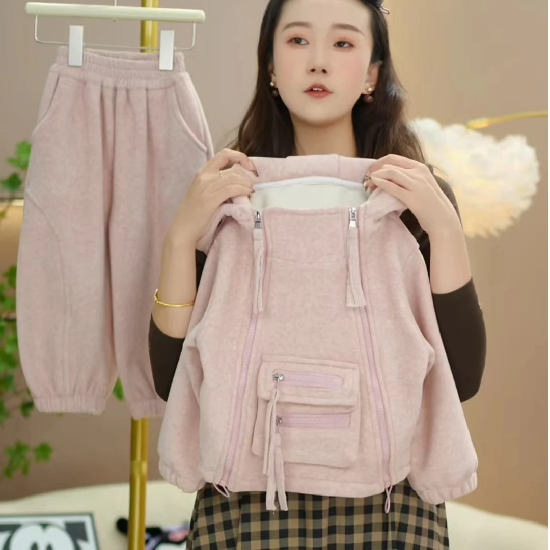 逗小铺【七尚】女童加绒套装新款洋气酷帅秋冬洋气时尚外套mc030