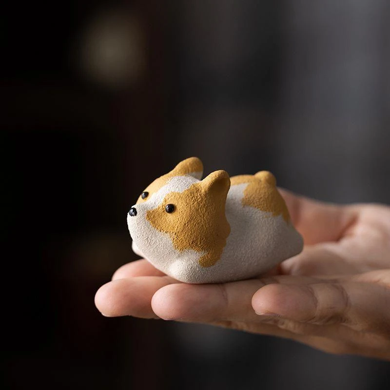 宜兴紫砂装饰品精品基柯基小狗茶宠摆件小飞可养手工茶玩家居摆件